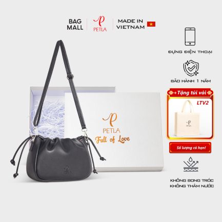 Túi đeo chéo da nữ thiết kế dây rút Petla LN10 màu đen