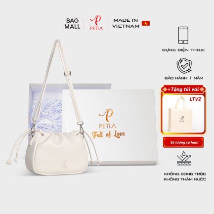 Túi đeo chéo da nữ thiết kế dây rút Petla LN10 màu trắng sữa