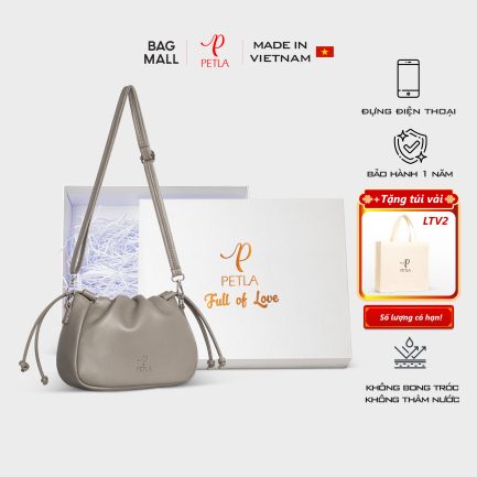 Túi đeo chéo da nữ thiết kế dây rút Petla LN10 màu xám ghi
