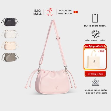 Túi đeo chéo da nữ thiết kế dây rút Petla LN10 màu hồng