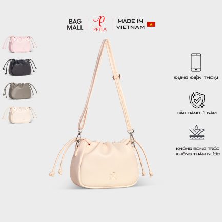 Túi đeo chéo da nữ thiết kế dây rút Petla LN10 màu kem
