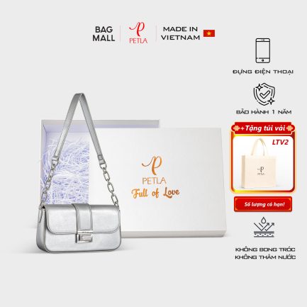 Bộ quà tặng túi xách nữ đeo vai khóa kim loại sang trọng PETLA LN32 màu bạc