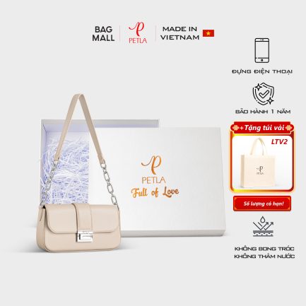 Bộ quà tặng túi xách nữ đeo vai khóa kim loại sang trọng PETLA LN32 màu kem